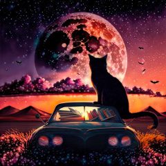 Arte digital de fauna gato mirando la luna
