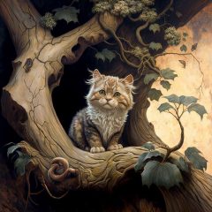 Arte digital de fauna gato vigilante sobre árbol