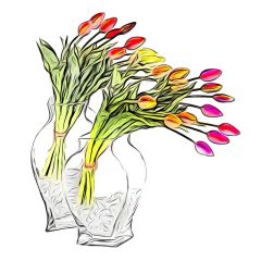 Tulipanes en jarrón de vidrio. Fotografía artística minimalista